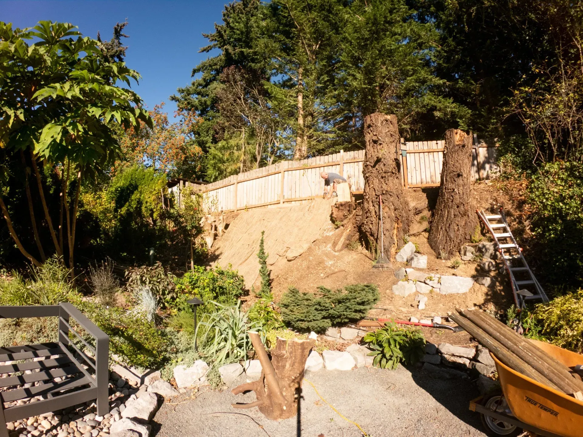 A garden scene featuring a wooden fence on a hillside, with a tree trunk centerpiece and building materials nearby.