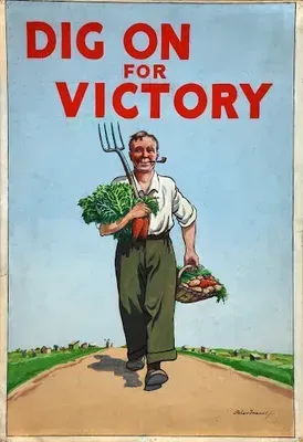 Poster: A smiling farmer carries vegetables and a pitchfork, walking towards the viewer.