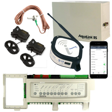 Control panel with a touchscreen mounted on a wall with pipes and a water treatment system.