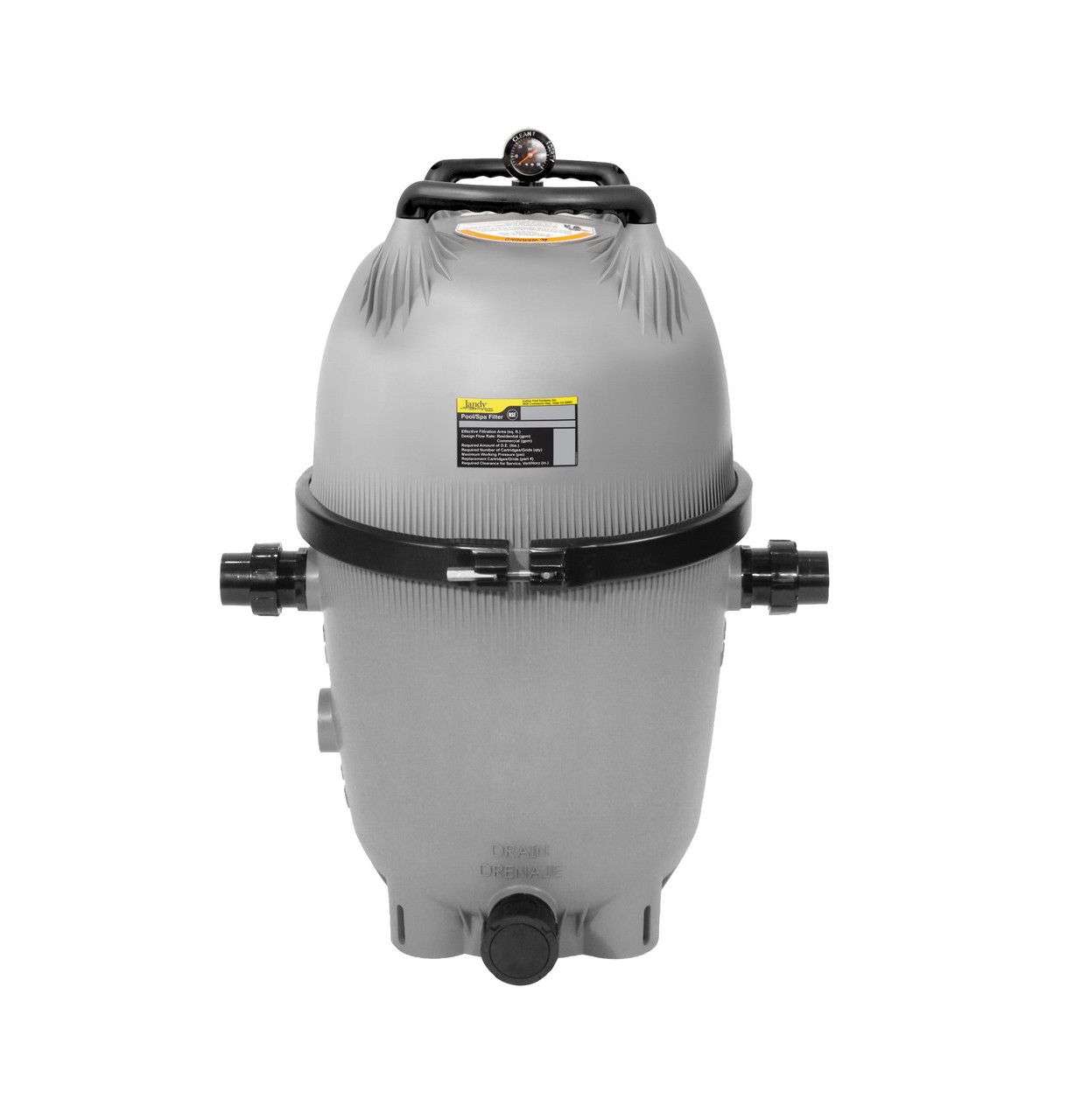 White water filter with open lid, pipes, and pumps in the background.