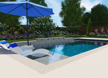 Floating pool tray with wine, cheese, and crackers. Pool with blue tiles and a green lawn in the background.