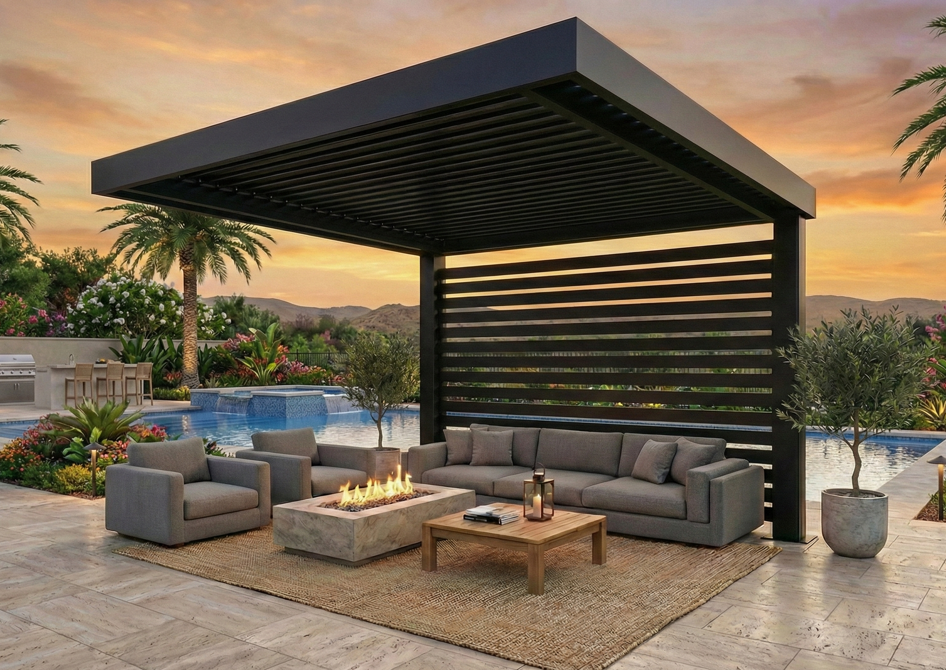 Night view of a pool with blue lights, hot tub, and modern house with outdoor seating.