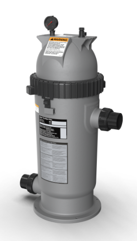 White water filter with open lid, pipes, and pumps in the background.