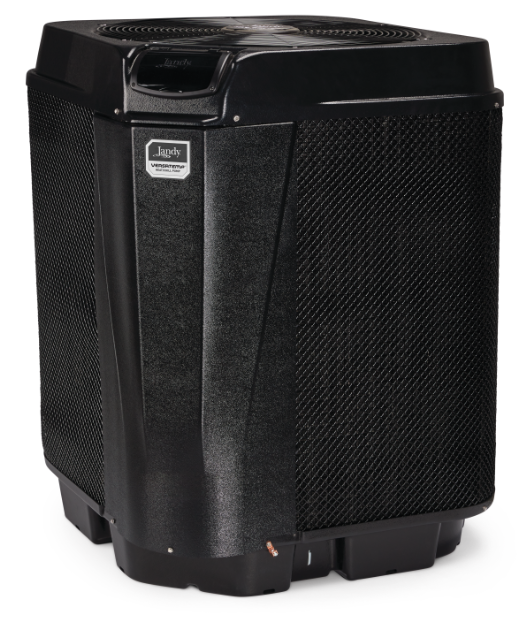 A dark gray pool heat pump with an LCD screen and a fan on top, near white pipes and a green pump.