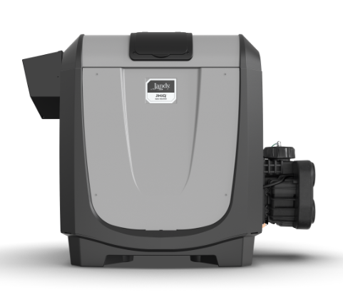 A beige pool heater with a digital display and connected pipes, placed next to a pump.