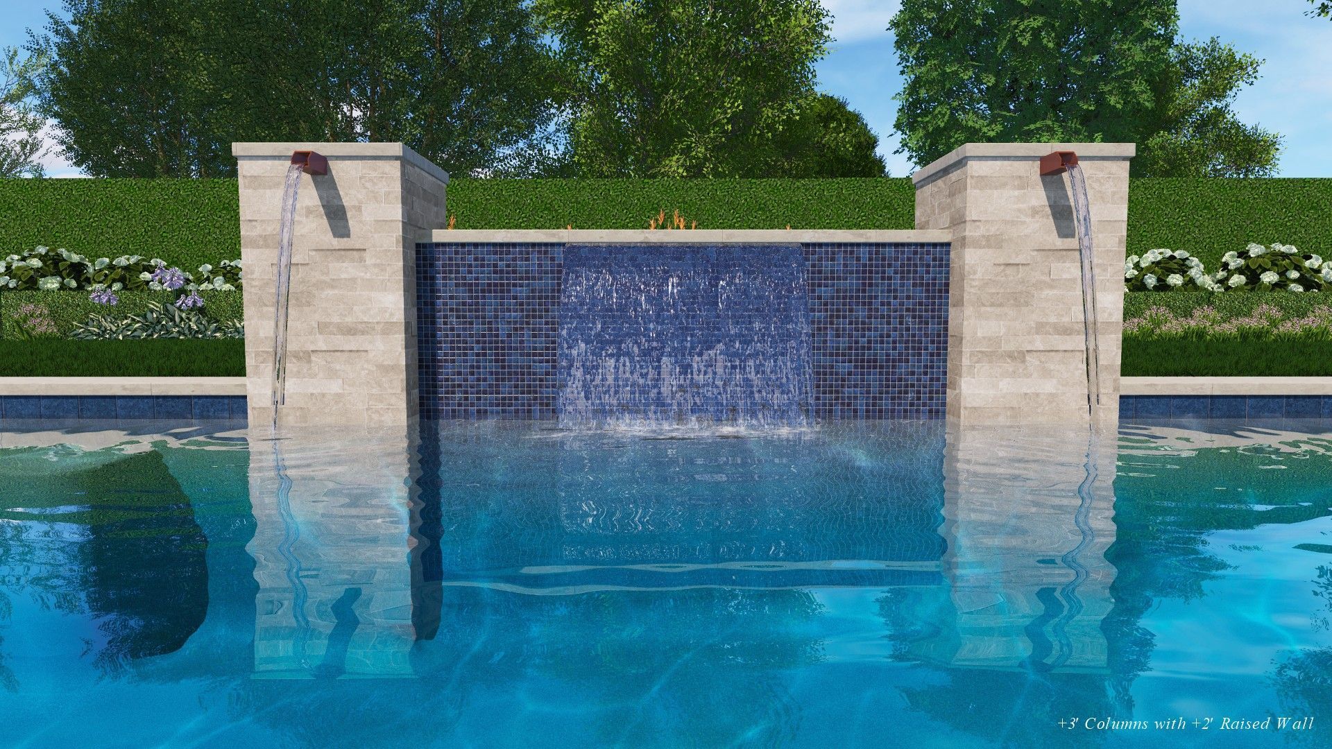 Backyard pool with spa, landscaping, brown fence, and green lawn. Water is blue.