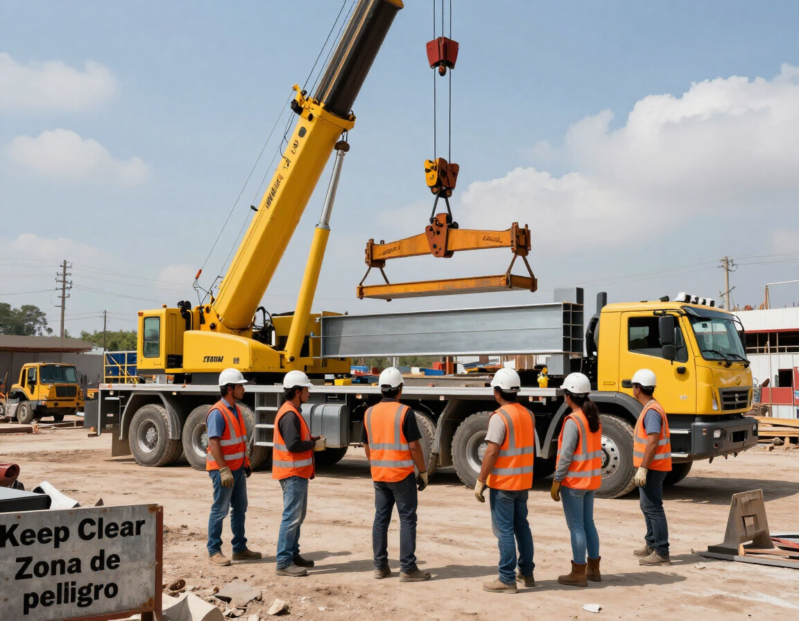 Grúa tipo Titán realizando maniobra industrial con acero estructural