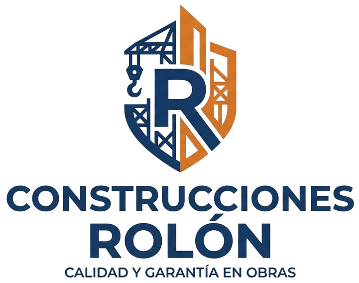 Logo de Construcciones Rolón en azul y naranja con el lema “Calidad y garantía en obras”