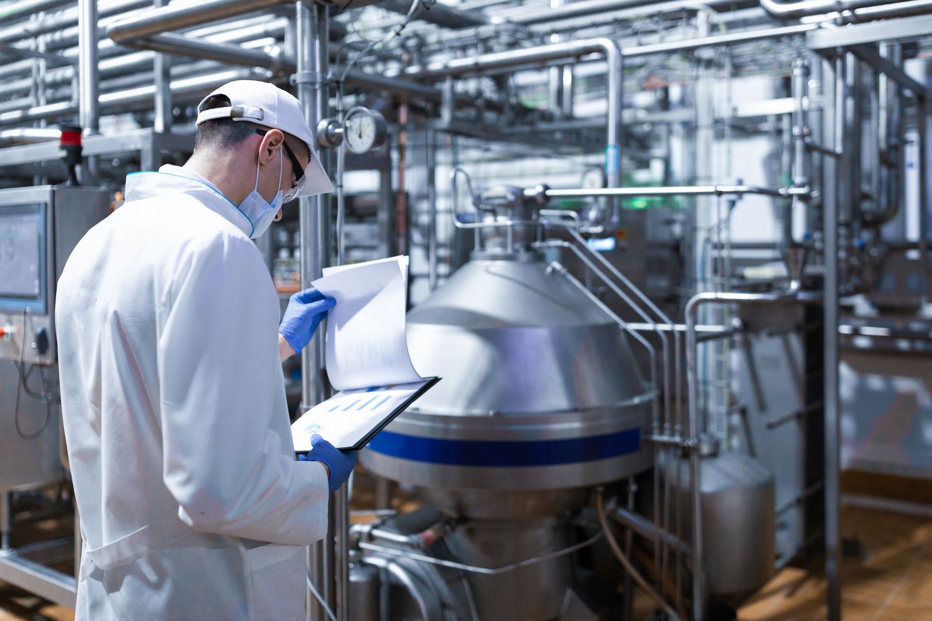 A technologist is taking notes while standing in the production department of a dairy factory.