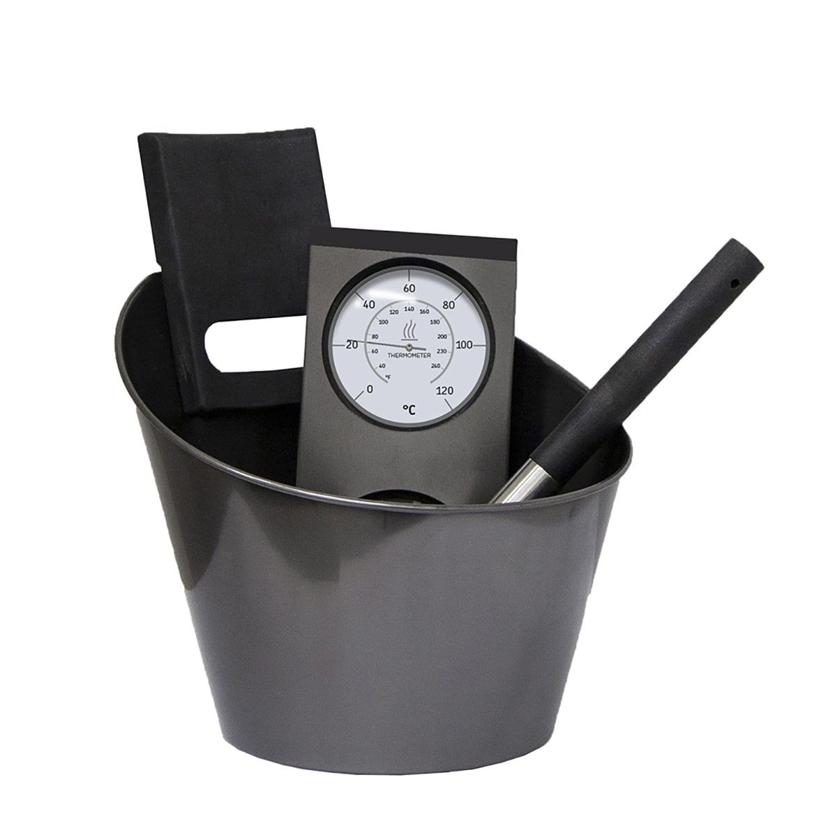 Un seau gris contenant une horloge grise, un bloc-notes noir et un stylo.