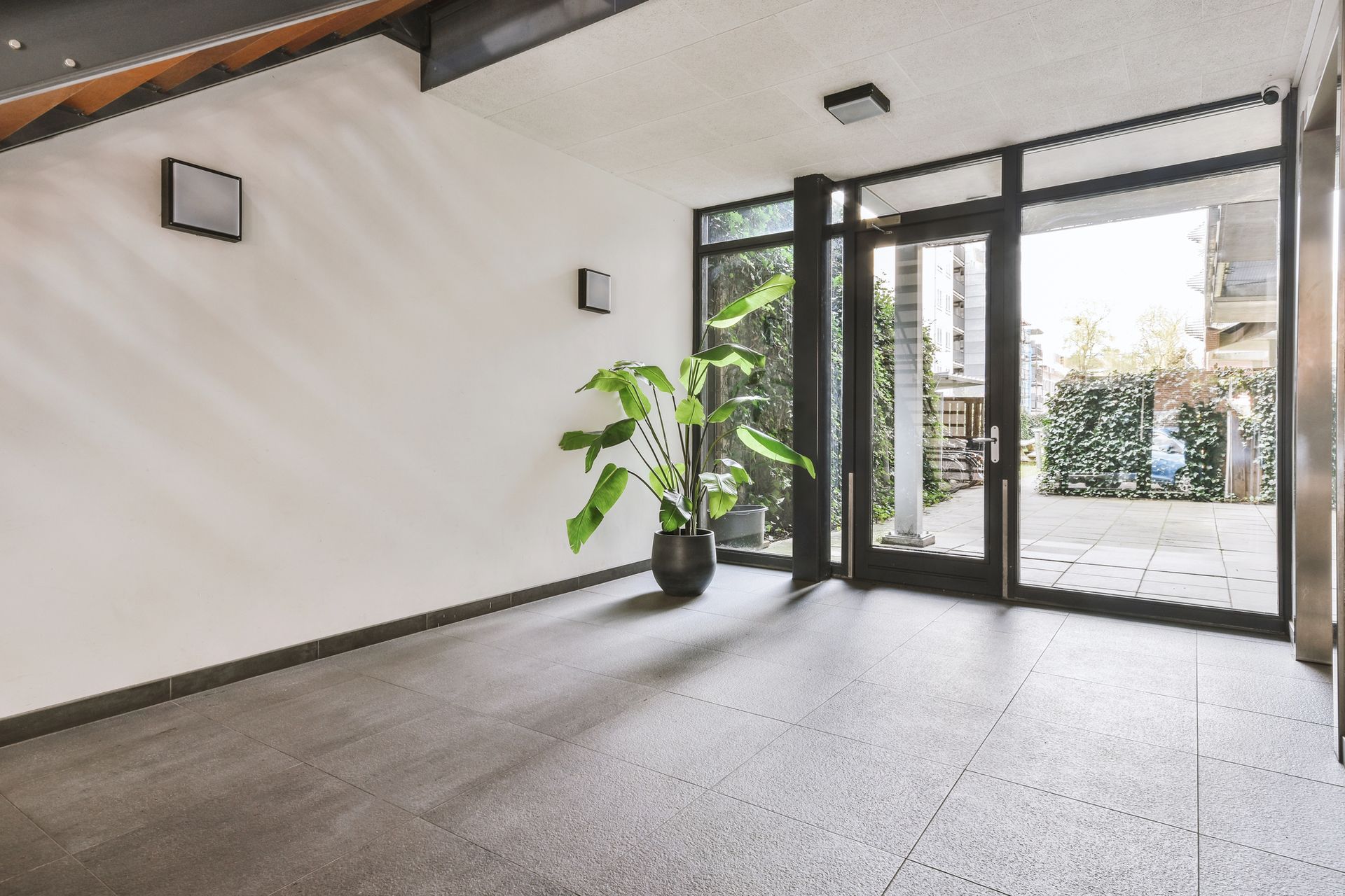 Corridoio con una pianta in vaso, porta in vetro con cornice nera e applique quadrate. 