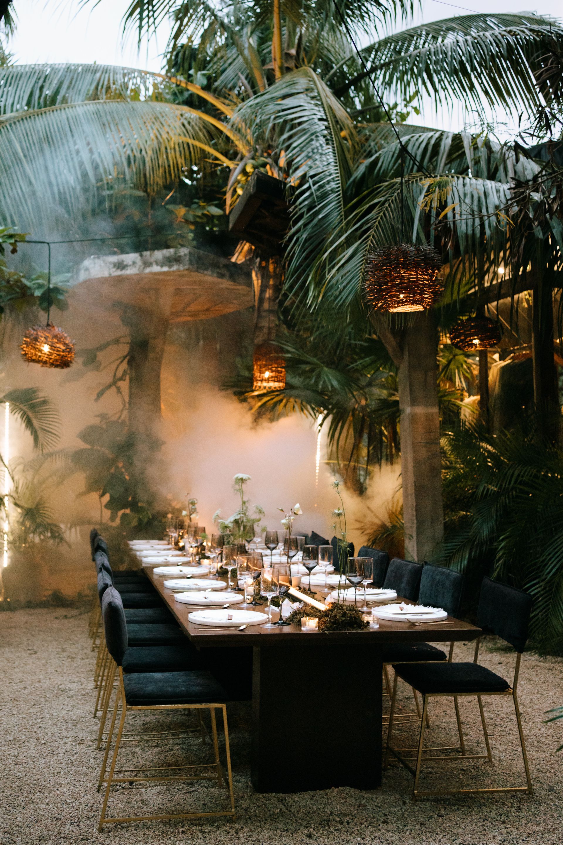 A long table with a lot of chairs is surrounded by palm trees.