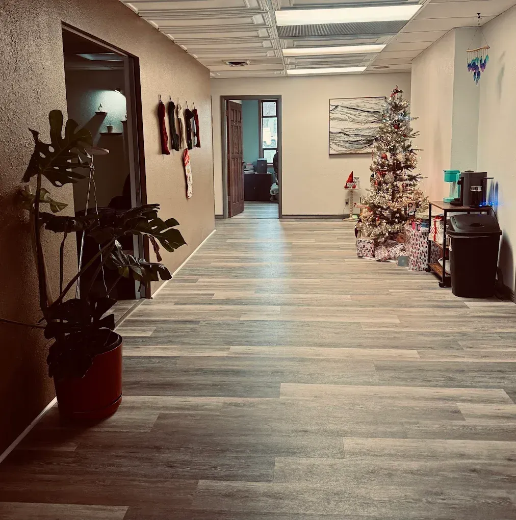 Office hallway with a potted plant, blue carpet, wall art, and a small decorated Christmas tree.