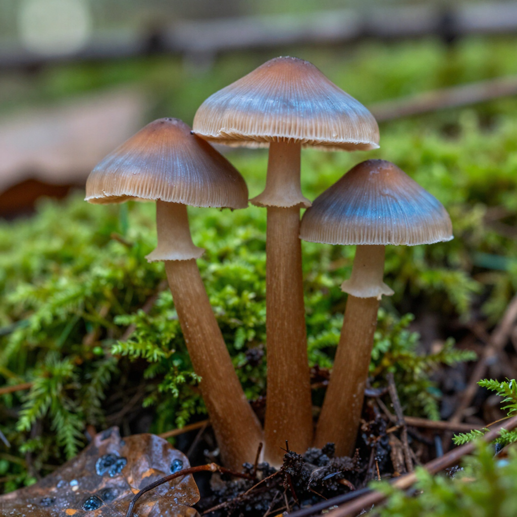 Three small brown mushrooms with striped caps growing in green moss