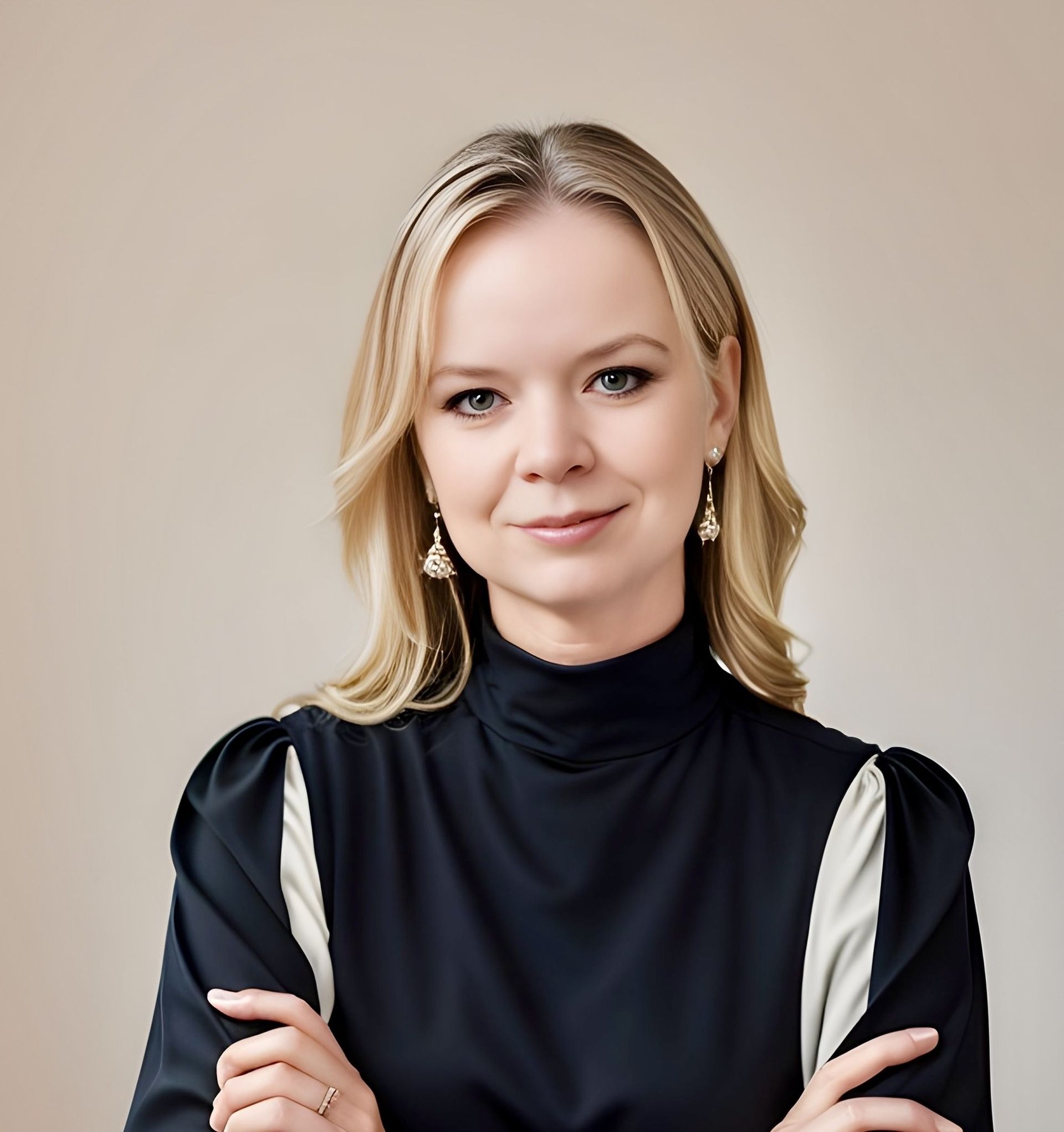 Portrait of a blonde person in a black top, arms crossed, against a neutral background
