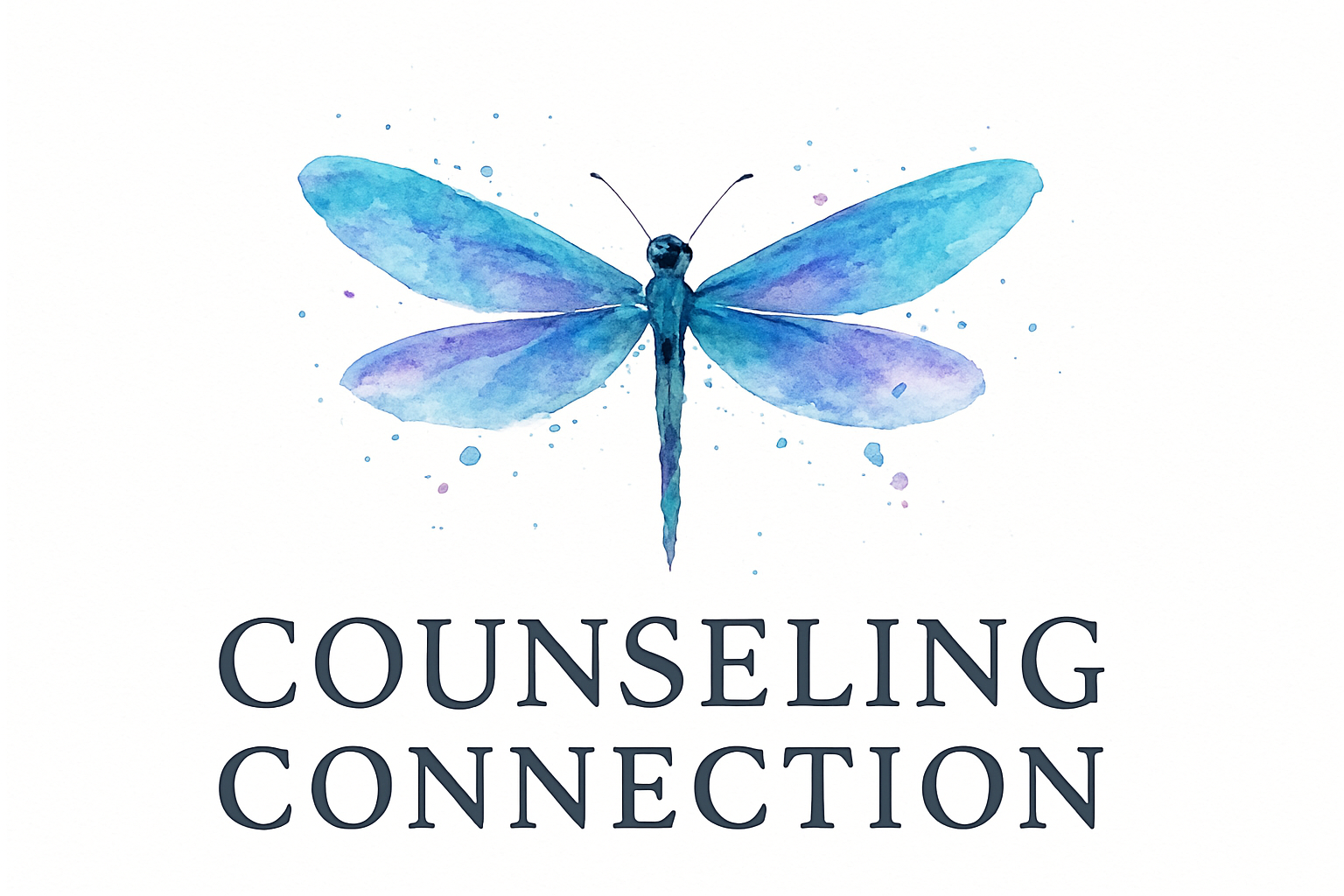 Blue and purple dragonfly above &ldquo;Counseling Connection&rdquo; text on a white background