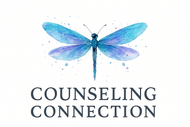 Blue and purple dragonfly above &ldquo;Counseling Connection&rdquo; text on a white background