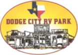 Dodge City RV Park logo with a Texas-shaped outline, buildings, and text
