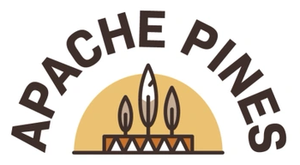 Logo for Apache Pines: text arches over a tan semi-circle with three stylized feathers above a geometric design.