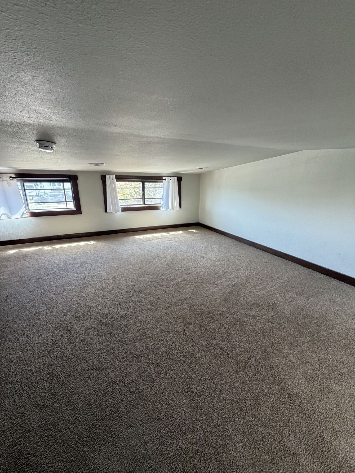 Empty carpeted room with white walls and two windows on one side.