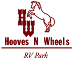 Hooves N Wheels RV Park logo with maroon horse and “HW” lettering