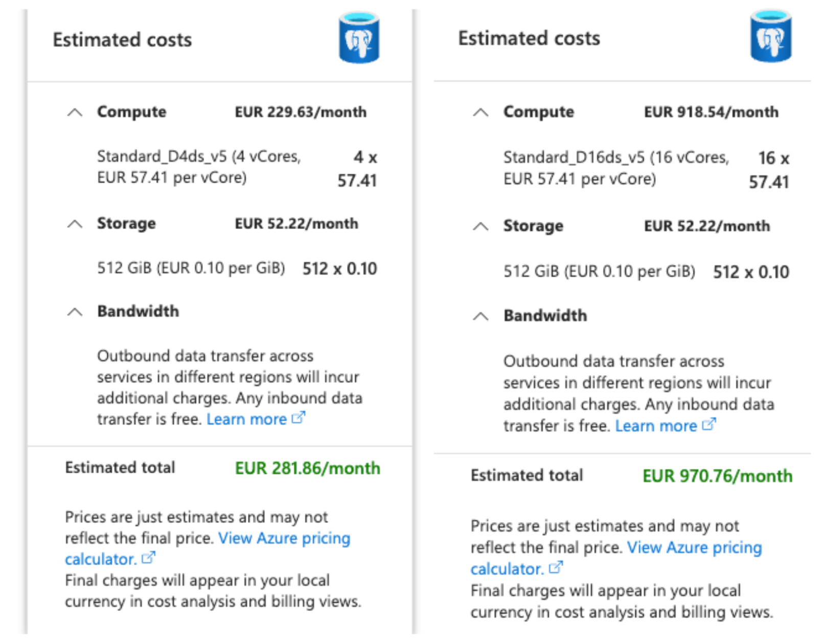 Estimations comparatives des coûts du cloud avec calcul, stockage, bande passante et totaux mensuels sur deux panneaux