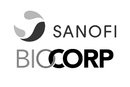 Logo de Sanofi Bio Corp. Un symbole stylisé gris et noir avec les inscriptions « SANOFI » et « BIOCORP ».
