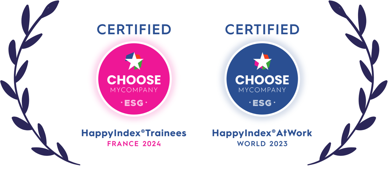 Deux labels « Certifié » : logo rose « Choose » (France 2024) et logo bleu « Choose » (Monde 2023).