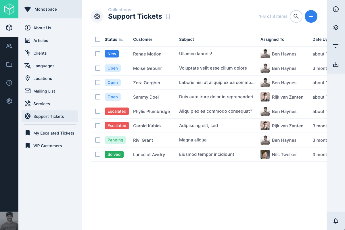 (support, helpdesk, CRM interne).