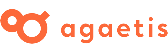 Logo orange « agaetis » composé de deux cercles reliés et d'une petite ligne courbe.