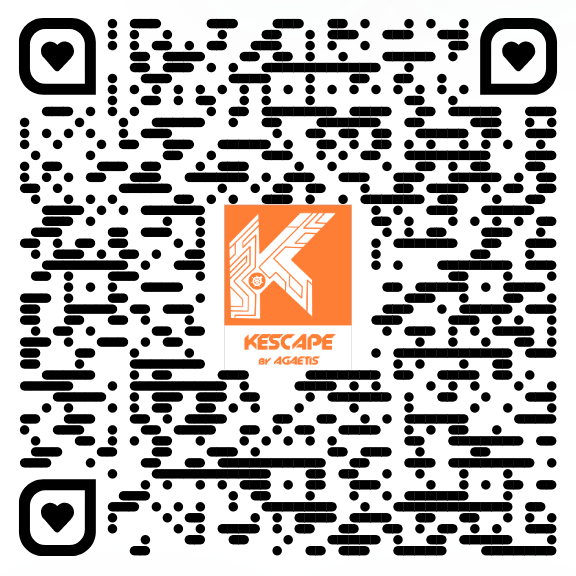 Code QR avec le logo « KESCAPE by AGATIS » au centre, flanqué d'icônes en forme de cœur.