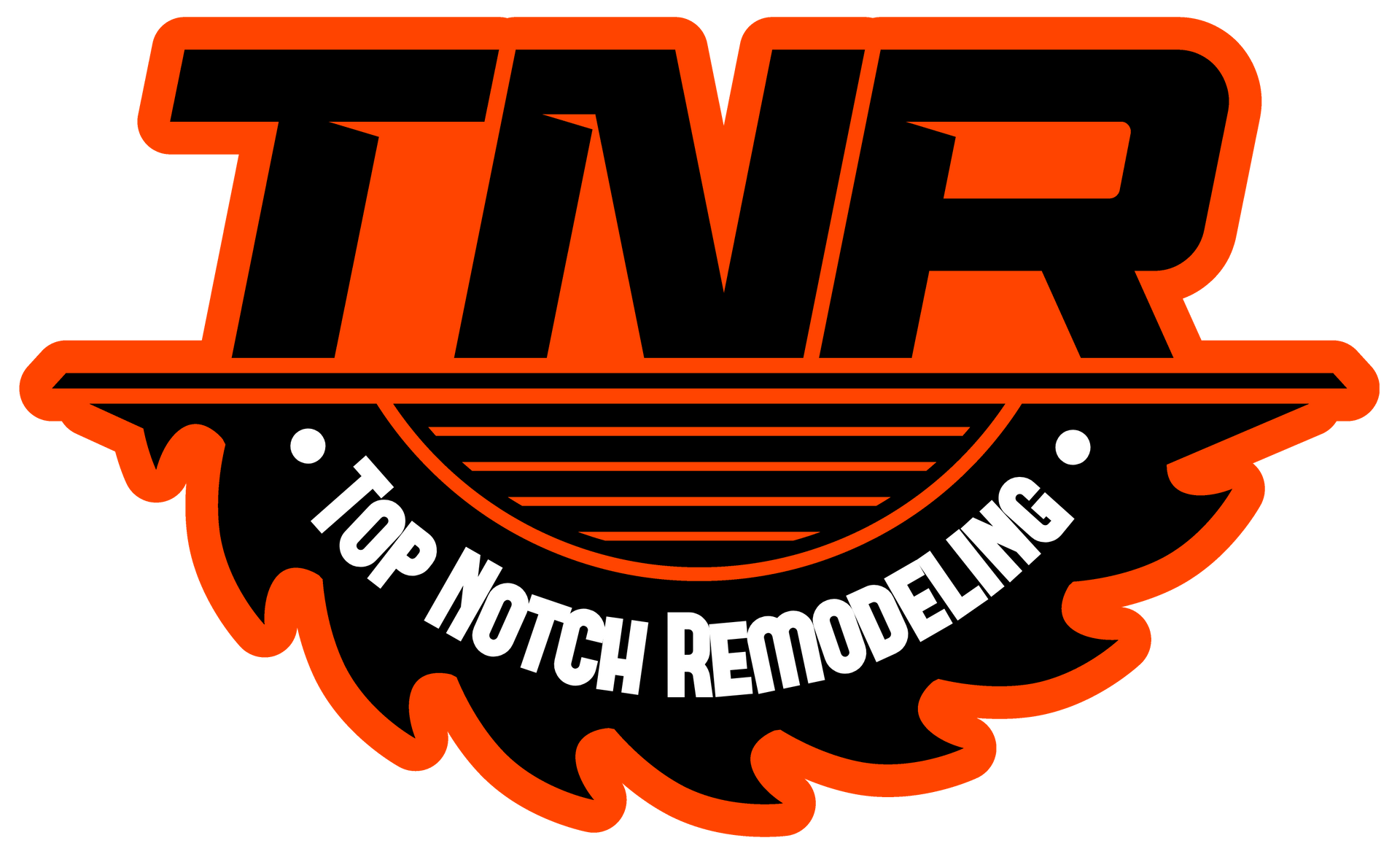 Logo for Top Notch Remodeling: black block letters TNR over orange background, with "Top Notch Remodeling" text in a saw-blade design.