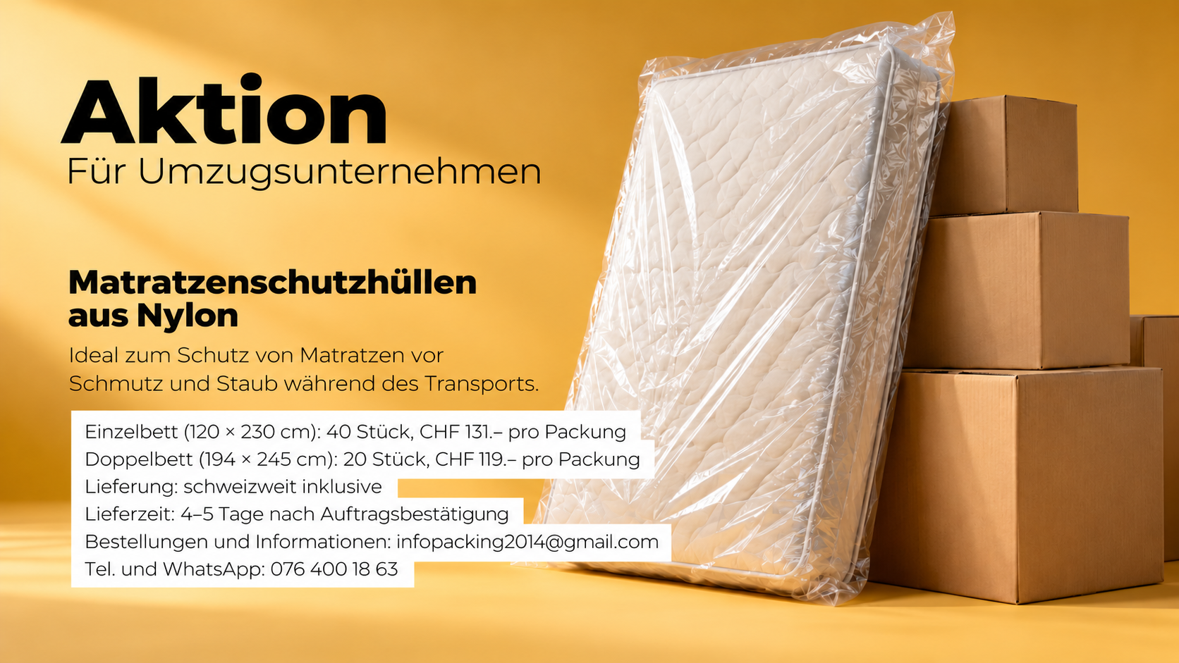 Werbeplakat für ein Umzugsunternehmen mit Matratzenhüllen aus Nylon neben gestapelten Umzugskartons