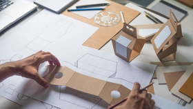 Mani che disegnano un progetto di packaging in carta, con prototipi in cartone su un tavolo da lavoro