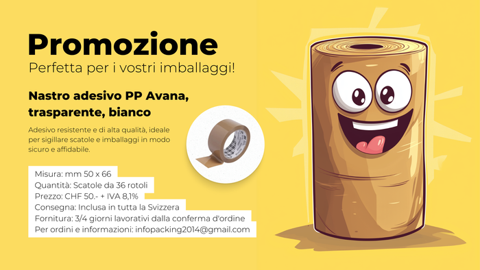Promozione sul nastro adesivo in PP avana, trasparente o bianco, con un rotolo marrone sorridente su sfondo giallo