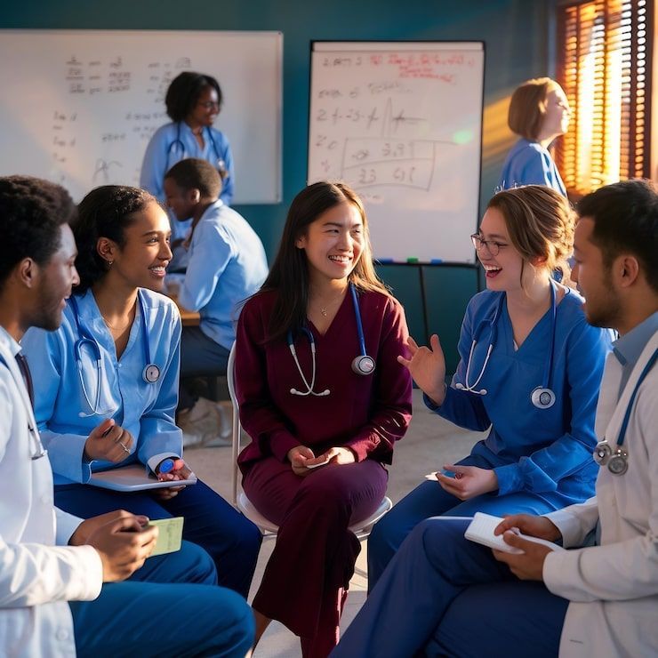 Medical professionals in a circle, conversing.  Several wear scrubs and stethoscopes, smiling. Sunlight streams in the background.
