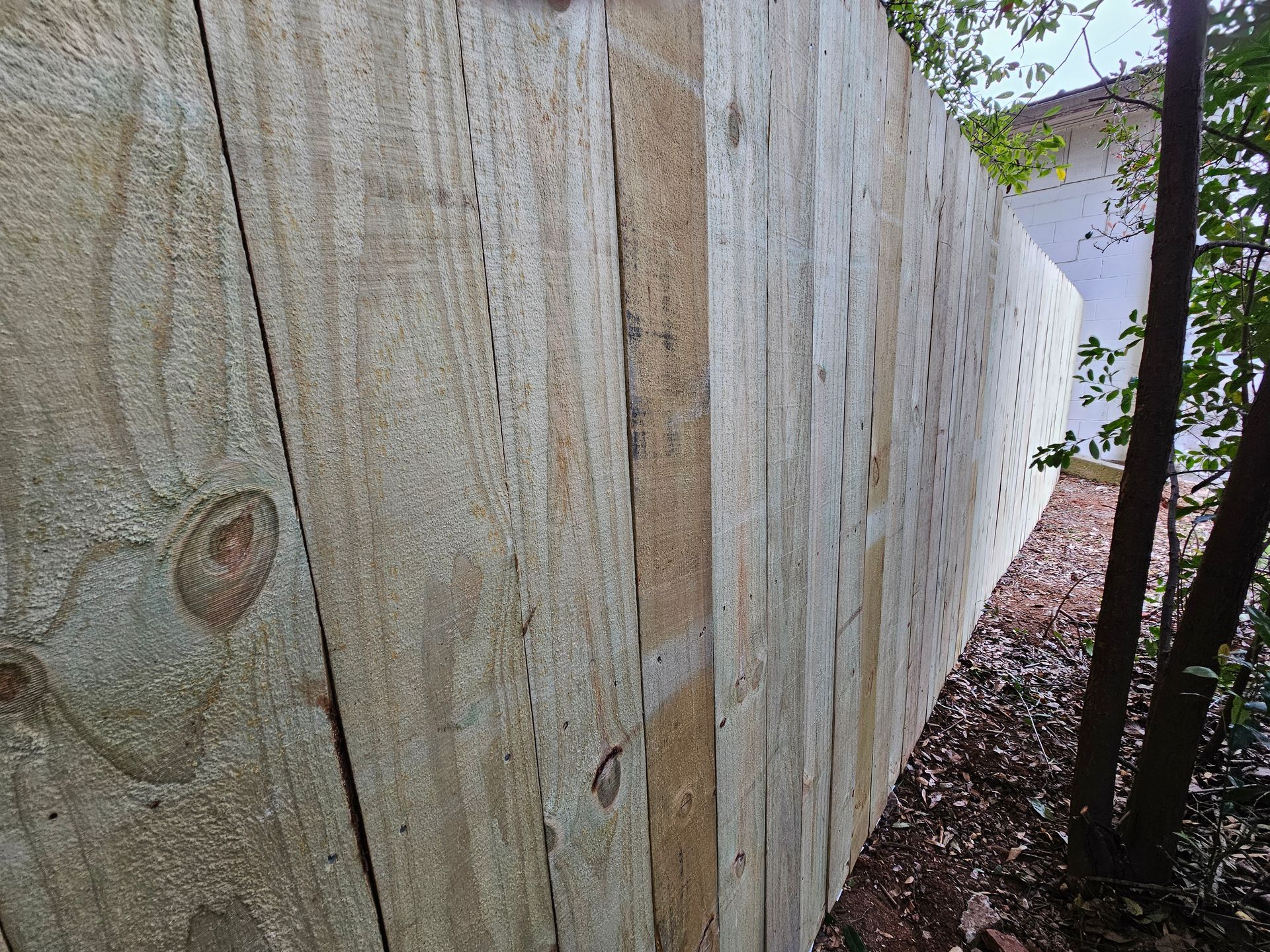 A wooden fence is surrounded by trees and dirt.