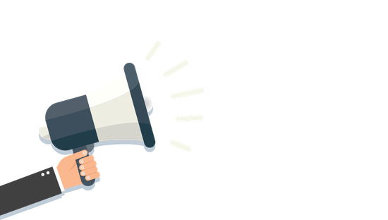 A hand is holding a megaphone on a white background.