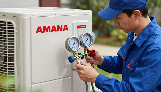 Technician checking HVAC unit with gauges beside an outdoor wall unit