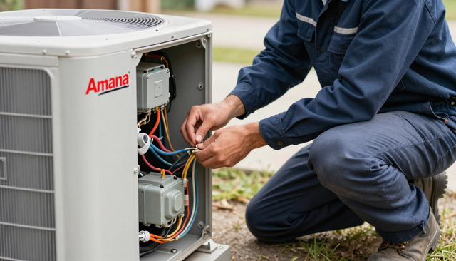Technician repairing an outdoor air conditioning unit beside a suburban house