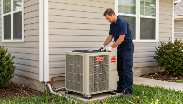 Technician inspecting an outdoor HVAC unit beside a house