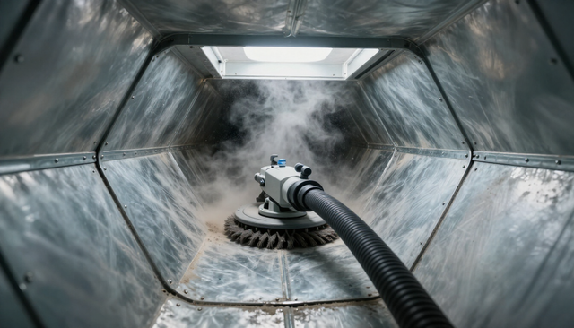 Industrial duct interior being cleaned by a vacuum tool, with mist and metallic walls.