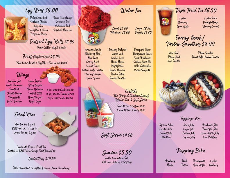 A menu for a restaurant that includes egg rolls water ice and triple treat ice tea