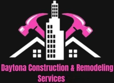 Logo for Daytona Construction & Remodeling Services featuring a white skyscraper, two pink hammers, and a house outline.