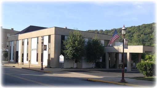 Small beige civic building with trees, an American flag, and a streetlamp at the corner.