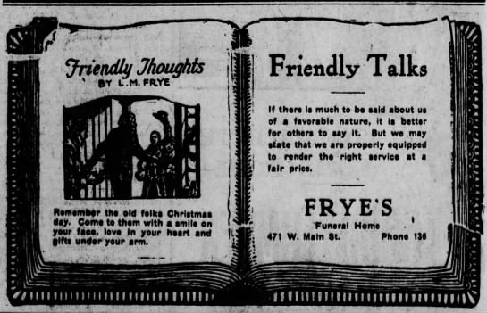 Open book-shaped ad for Frye's "Friendly Thoughts" and "Friendly Talks" Christmas booklets.