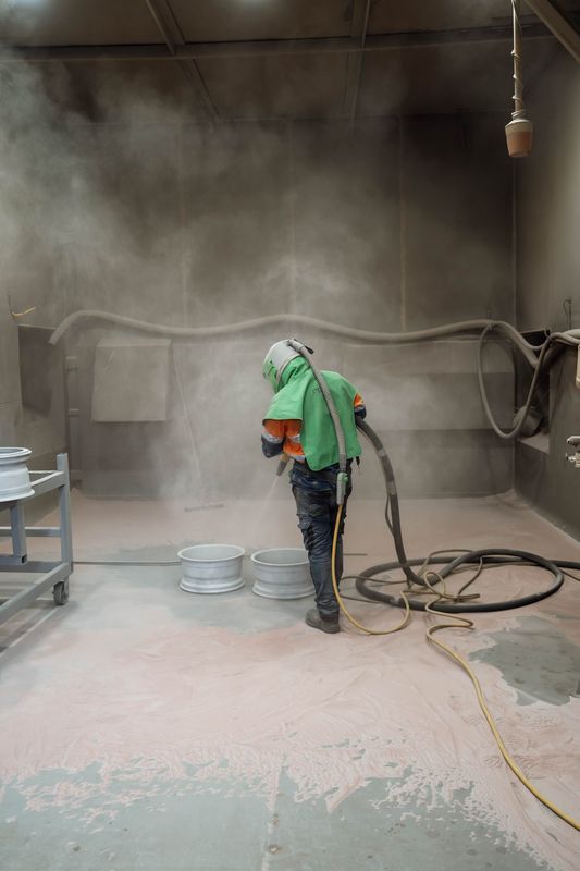 Worker spraying a dusty wall in a workshop, wearing green protective gear and a respirator.