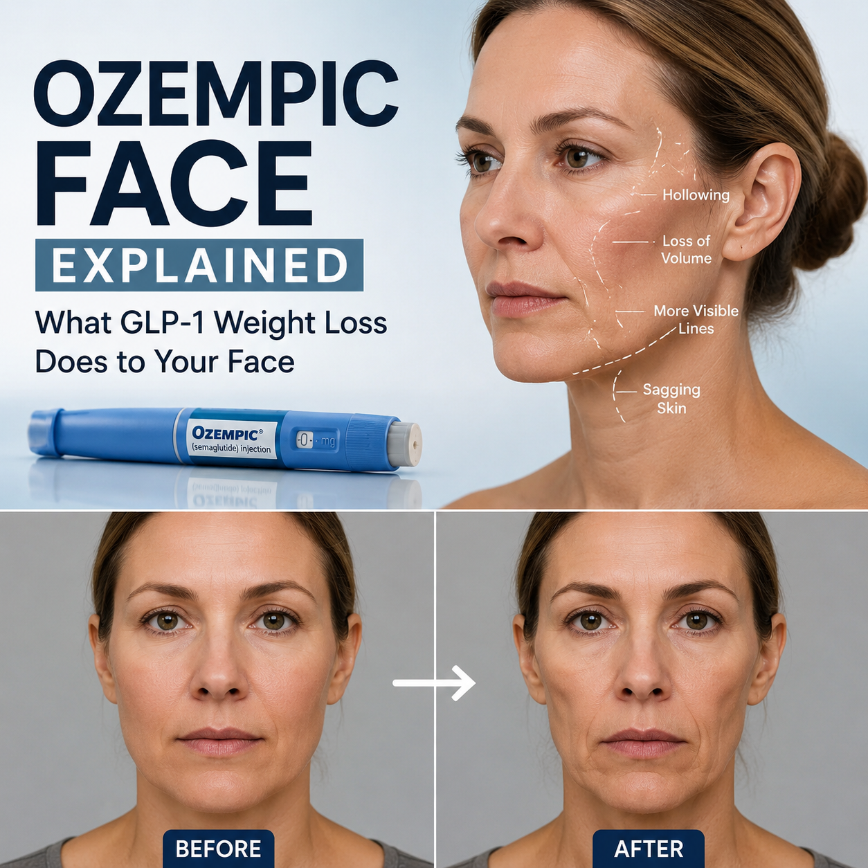 Ozempi c face explainer with before-and-after portrait of a woman and a GLP-1 weight loss pen