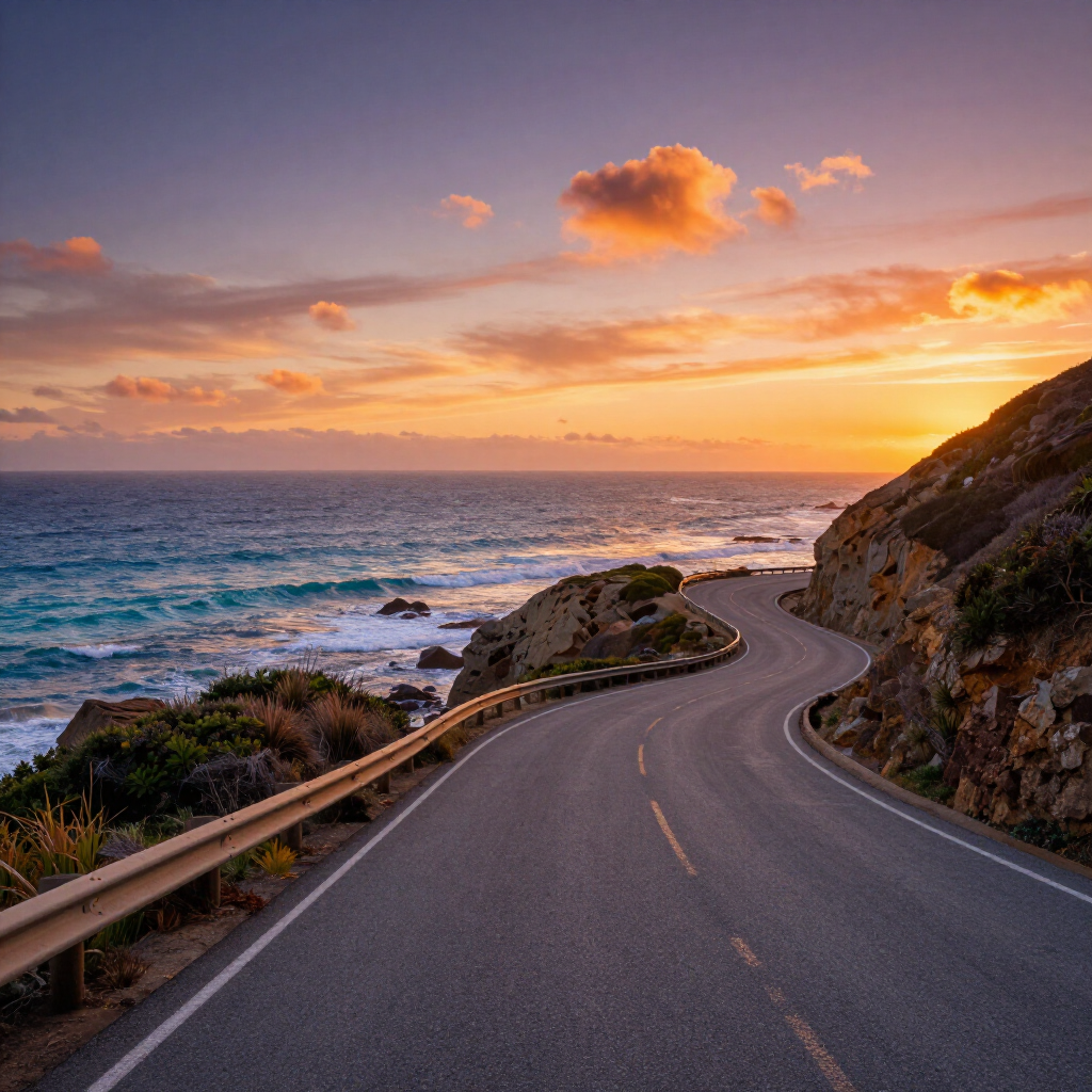 Coastal road curving along cliffs at sunset beside the ocean with pink-orange clouds