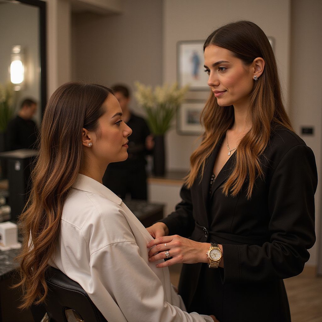 Two women stand face-to-face at a formal event, speaking quietly in a softly lit room.